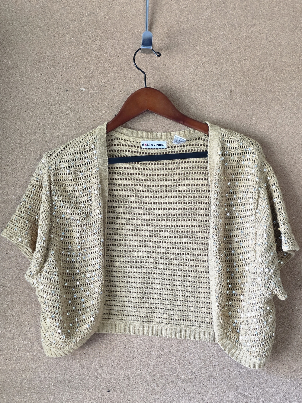 Extra Touch Beige Open-Knit Short Sleeve Cropped Sweater Cardigan 2X Sequins